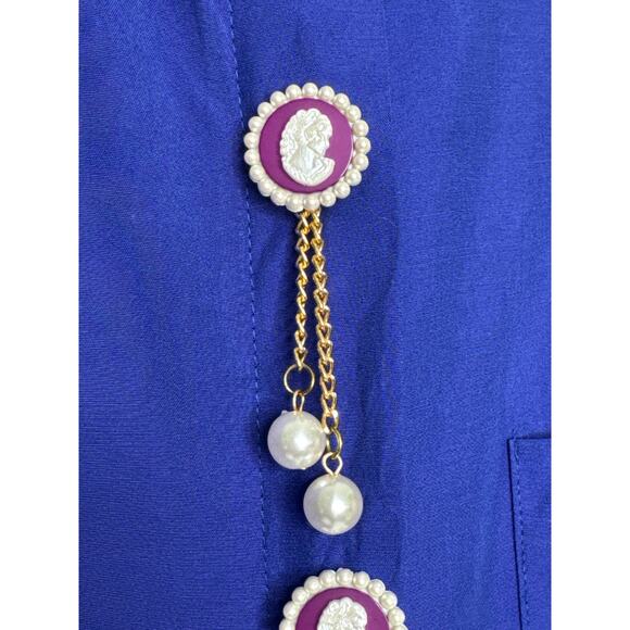 Vintage Gina Royal Blue Cameo Blouse / dress Pearl & Gold Chain Accents Medium - Picture 13 of 16